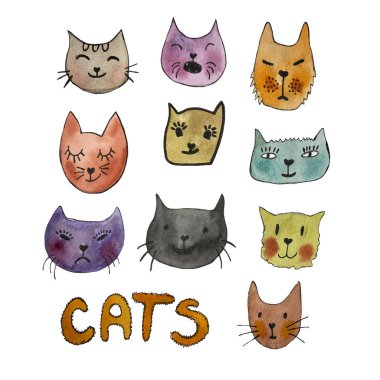 Tatlı hayvanlar için suluboya alfabe kedi yuvası seti. Çocuk odası poster sanat dekoru. Çocuk kıyafetleri renkli izler. Yüksek çözünürlükte elle çizilmiş resim.