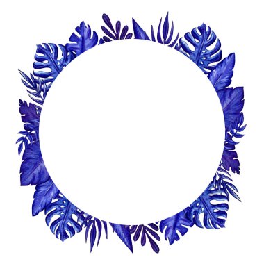 Suluboya mavi egzotik yapraklar resim yapıyor. Yaz tasarımı için elle boyanmış egzotik yapraklar..