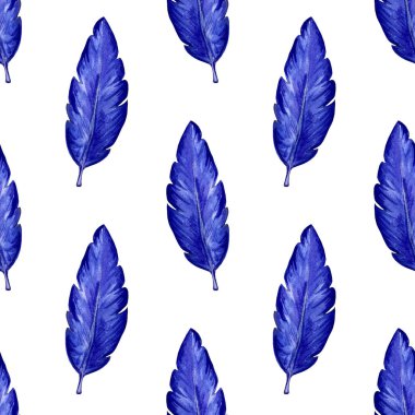 Suluboya mavi egzotik yapraklar pürüzsüz desen. Yaz tasarımı için elle boyanmış egzotik yapraklar..