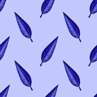 Suluboya mavi egzotik yapraklar pürüzsüz desen. Yaz tasarımı için elle boyanmış egzotik yapraklar..