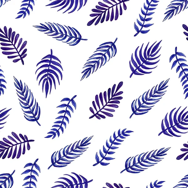 Acquerello blu esotico foglie modello senza soluzione di continuità. Illustrazione di foglie esotiche dipinte a mano per il design estivo . — Foto Stock