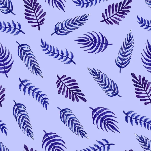 Aquarela azul folhas exóticas padrão sem costura. Ilustração de folhas exóticas pintadas à mão para design de verão . — Fotografia de Stock
