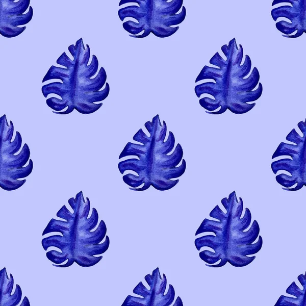 Watercolor blue exotic leaves seamless pattern. Hand painted exotic leaves illustration for summer design. — 스톡 사진