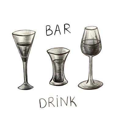 Kokain, konyak, bira, şampanya, şarap şişesi ve cam, kalem ve mürekkeple çizim, el yapımı illüstrasyon