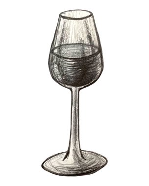 Kokain, konyak, bira, şampanya, şarap şişesi ve cam, kalem ve mürekkeple çizim, el yapımı illüstrasyon