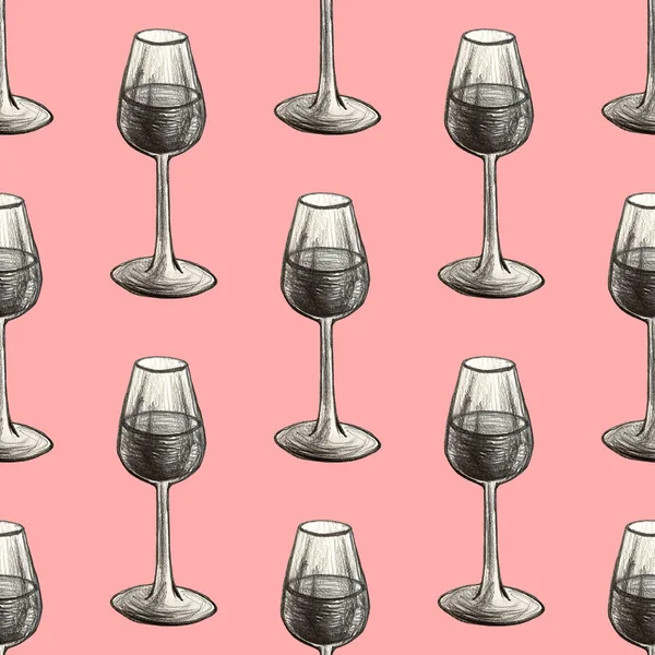 Коктейль, коньяк, пиво, шампанське, пляшка вина та склянка, малюнок олівцем та чорнилом, намальована вручну ілюстрація. Безшовний візерунок — стокове фото
