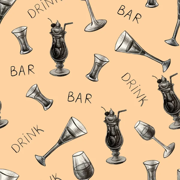 Коктейль, коньяк, пиво, шампанське, пляшка вина та склянка, малюнок олівцем та чорнилом, намальована вручну ілюстрація. Безшовний візерунок — стокове фото