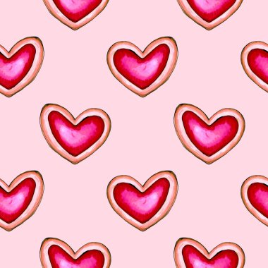 Sevgililer Günün kutlu olsun. Kurabiye kalplerini hazırla. Suluboya kartı.