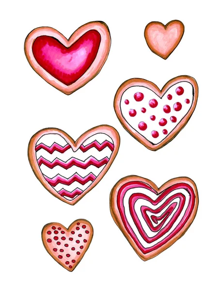 Happy Valentine Day Set Hearts Cookies Watercolor Card — Stock Photo, Image