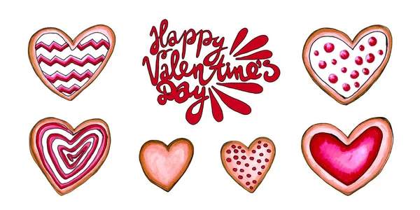 Alles Gute Zum Valentinstag Legen Sie Herzen Aus Plätzchen Aquarellkarte — Stockfoto