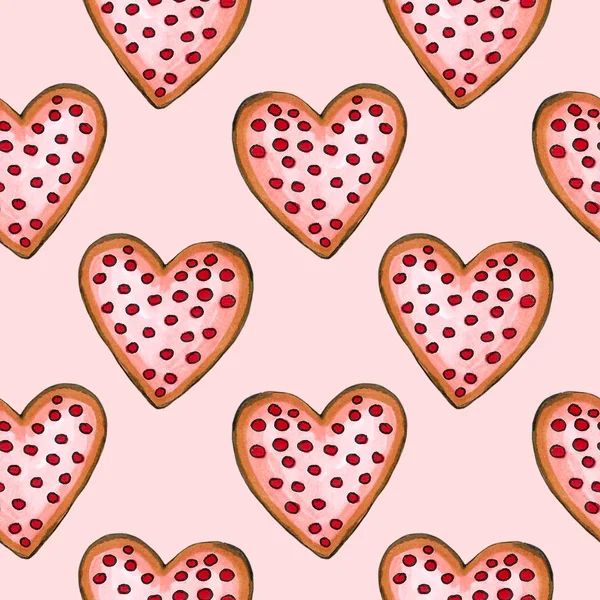 Feliz Día San Valentín Conjunto Corazones Galletas Tarjeta Acuarela — Foto de Stock