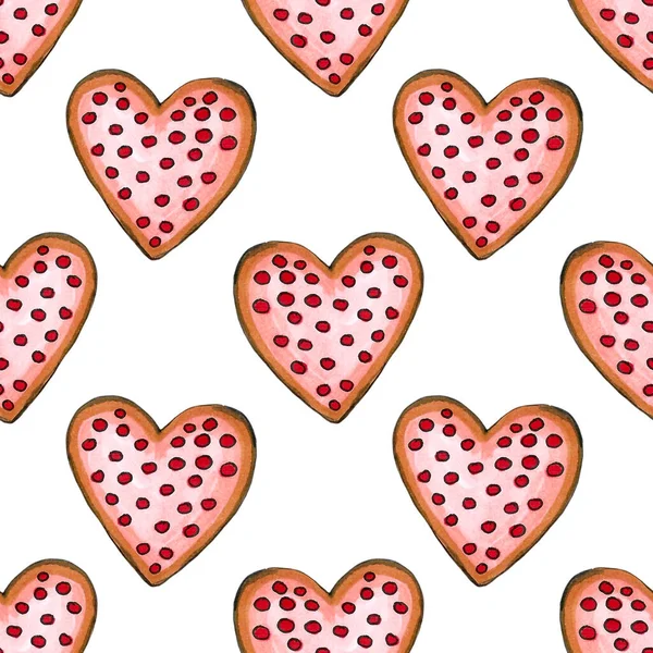 Feliz Día San Valentín Conjunto Corazones Galletas Tarjeta Acuarela —  Fotos de Stock