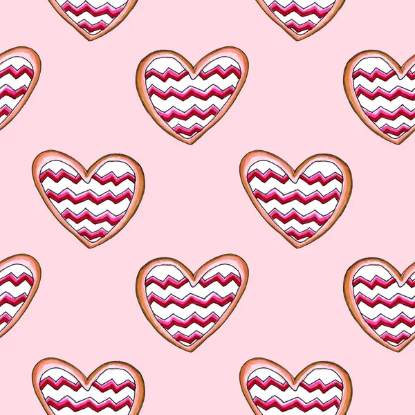 情人节快乐 设置心形饼干 水彩卡 — 图库照片