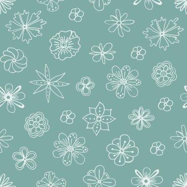Set of flat flower icons in silhouette isolated on white. Simple retro designs in black and white. Seamless background pattern for gift wrapping paper, textiles, wallpaper.