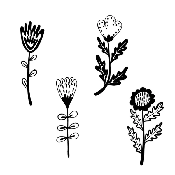 Set Flat Flower Icons Silhouette Isolated White — Stock Vector