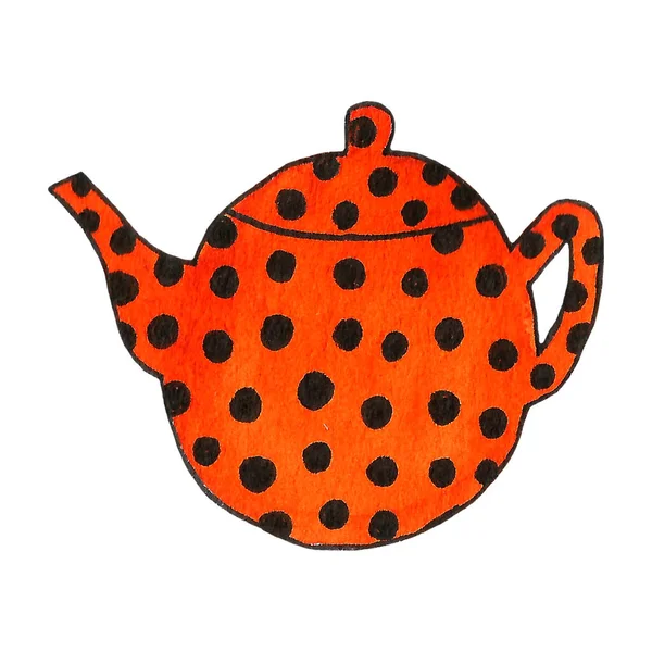 Material de cozinha vermelho simples desenhado à mão, xícara, bule. Ilustração da louça . — Fotografia de Stock
