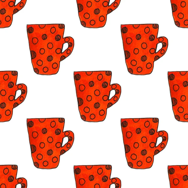 손으로 그린 간단 한 빨간 부엌, 컵, 주전자. crockery 삽화. — 스톡 사진