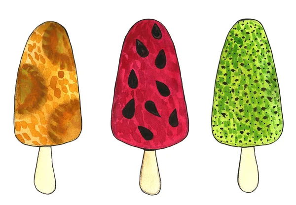 一套彩色冰淇淋手绘水彩画 巧克力和焦糖配料 冰淇淋锥和冰淇淋勺 — 图库照片