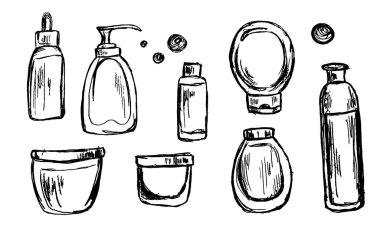 Cilt bakımı kozmetik çizgisi simgeleri. Krema, serum damlası ve yüz jölesi veya losyon ikonları. UV koruması. Yağ, E vitamini ve Kolajen sembolleri.