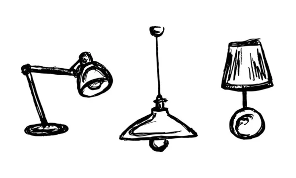 Zestaw Ikon Lampy Szkicowej Linia Ołówków Lampy — Wektor stockowy