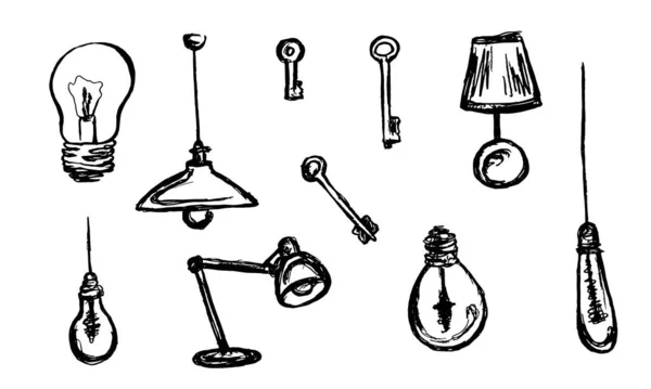 Geschetste Lamp Pictogrammen Set Lamp Potlood Lijn — Stockvector