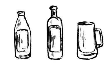 Vektör kümesi kroki kokteyller ve alkollü içecekler