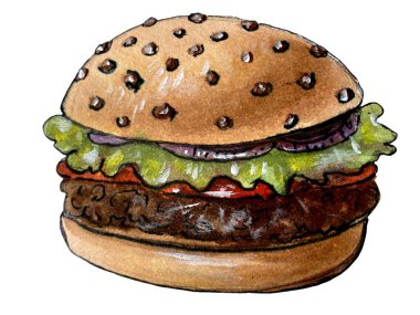 Lezzetli büyük hamburger suluboya el çizimi