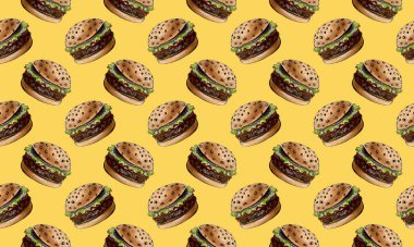 Lezzetli büyük hamburger desenli suluboya el çizimi