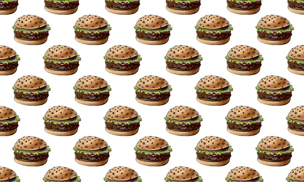 Leckere Große Burger Muster Design Aquarell Von Hand Gezeichnet — Stockfoto