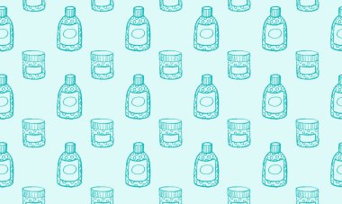 Cilt bakımı kozmetik el yapımı vektör çizimi. Krema, parfüm, serum damlası ve yüz jölesi veya losyon ikonları. 24 saat yüz kremi koruması. Tıbbi cilt kozmetiği.