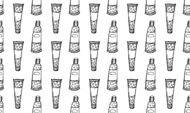 Cilt bakımı kozmetik el yapımı vektör çizimi. Krema, parfüm, serum damlası ve yüz jölesi veya losyon ikonları. 24 saat yüz kremi koruması. Tıbbi cilt kozmetiği.