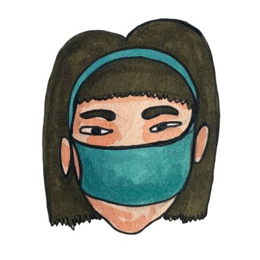 Kendilerini virüsten koruyan tıbbi maskeler takan insanların el çizimi. Coronavirüs salgını. Grip patlaması. Kalabalık..