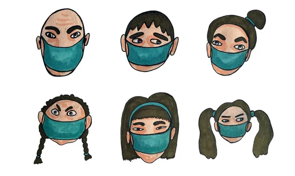 Kendilerini Virüsten Koruyan Tıbbi Maskeler Takan Insanların Çizimi Coronavirüs Salgını — Stok fotoğraf