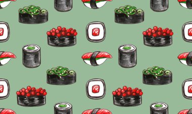 Suşi ile suluboya, beyaz arka planda pizza parçaları..