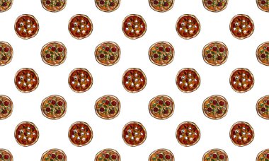 Suşi ile suluboya, beyaz arka planda pizza parçaları..