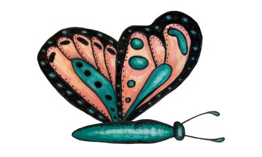 Kelebek beyaz bir arka planda izole edilmiş. Alkol kalemleriyle çizim.