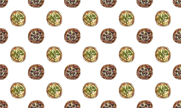 Zestaw Ręcznie Rysowane Akwarela Fast Food Sushi Kawałki Pizzy Białym — Zdjęcie stockowe