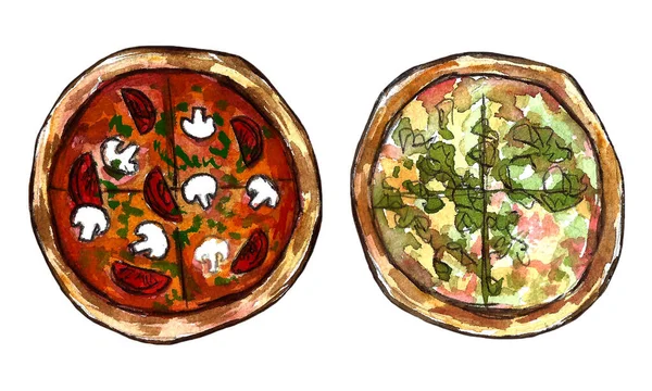 Handgezeichnetes Aquarell Fast Food Mit Sushi Pizzastücke Auf Weißem Hintergrund — Stockfoto