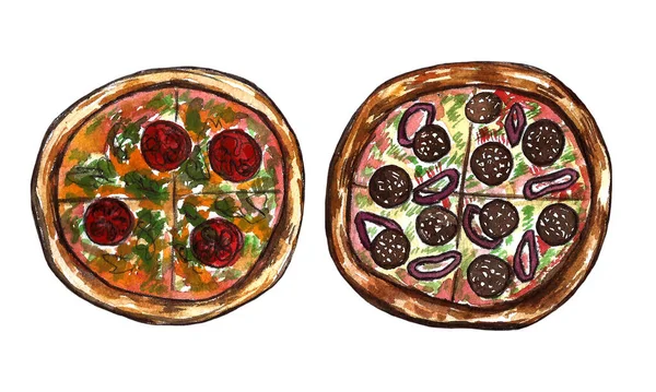 Suşi Ile Suluboya Beyaz Arka Planda Pizza Parçaları — Stok fotoğraf