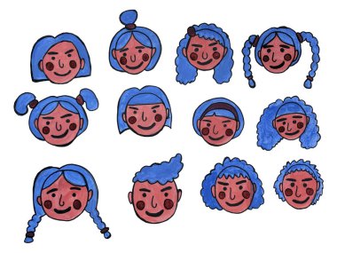 Çizgi film insanları. El çizimi sanat illüstrasyonu. İnsani duygular belirlendi