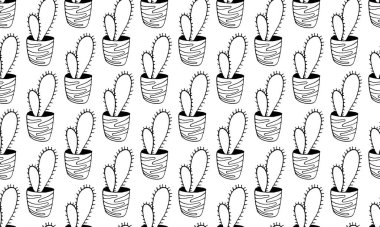 Saksılarda güzel bir el çizimi vektör kaktüsü. desen çizimi