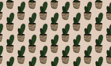 Saksılarda güzel bir el çizimi vektör kaktüsü. desen çizimi