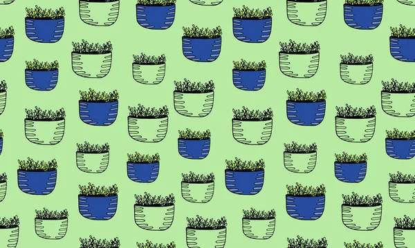 Carino Cactus Vettoriale Disegnato Mano Nei Vasi Illustrazione Del Modello — Vettoriale Stock