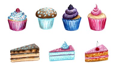 El çizimi suluboya, pembe kremalı çikolatalı kek.