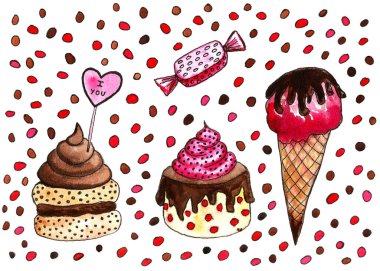 El çizimi suluboya, pembe kremalı çikolatalı kek.