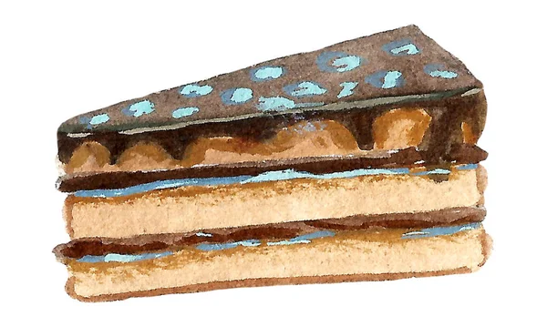 El çizimi suluboya, pembe kremalı çikolatalı kek.