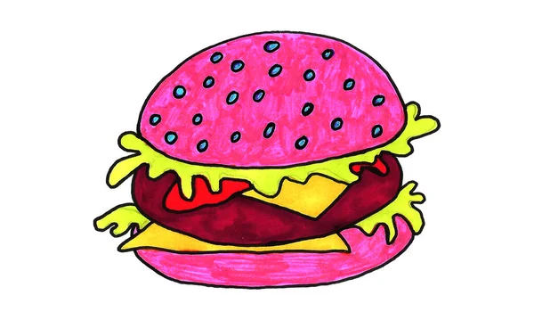 Ręcznie Rysowane Różowy Burger Ilustracja Fast Food Menu — Zdjęcie stockowe