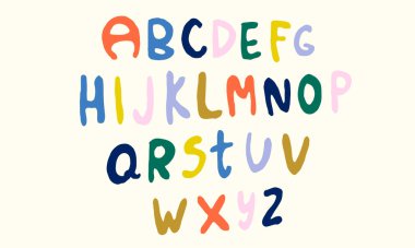 ABC harfleri beyaz arka planda izole edilmiş. El çizimi yazı tipi, funky ve grunge alfabesi, vektör illüstrasyon grafiği. İlkbahar illüstrasyonu