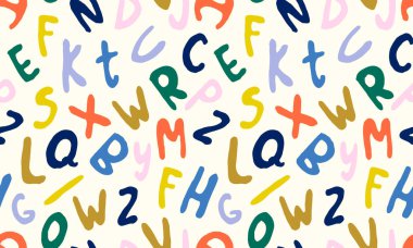 ABC harfleri beyaz arka planda izole edilmiş. El çizimi yazı tipi, funky ve grunge alfabesi, vektör illüstrasyon grafiği. İlkbahar illüstrasyonu