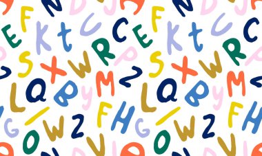 ABC harfleri beyaz arka planda izole edilmiş. El çizimi yazı tipi, funky ve grunge alfabesi, vektör illüstrasyon grafiği. İlkbahar illüstrasyonu